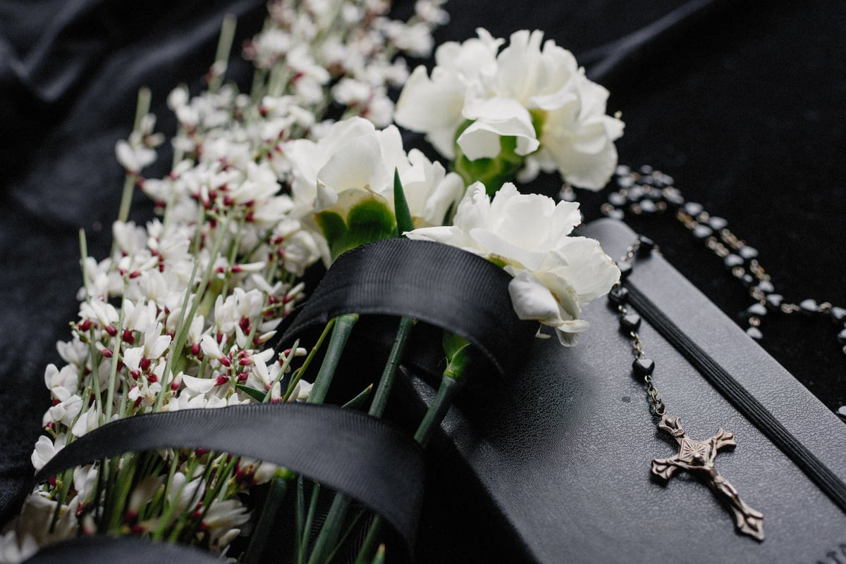 White Flowers on Black Leather Bag
